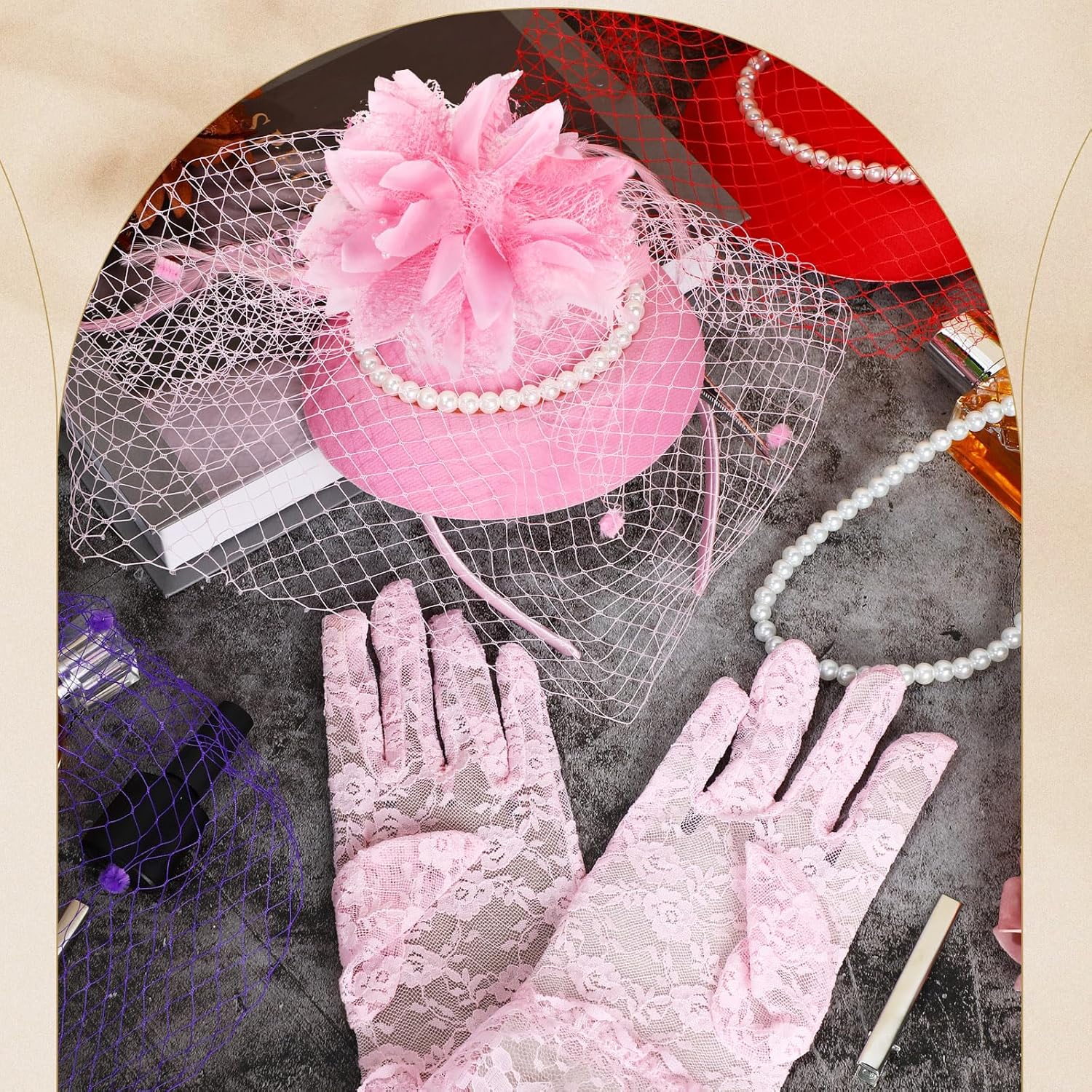 Shinymoon 24 Pcs Women Fascinators Hats Tea Party Hats Lace Gloves and Pearl Necklace Set Vintage Veil Cocktail Headpiece for Wedding Church Evening Funeral Accessories - Image 7