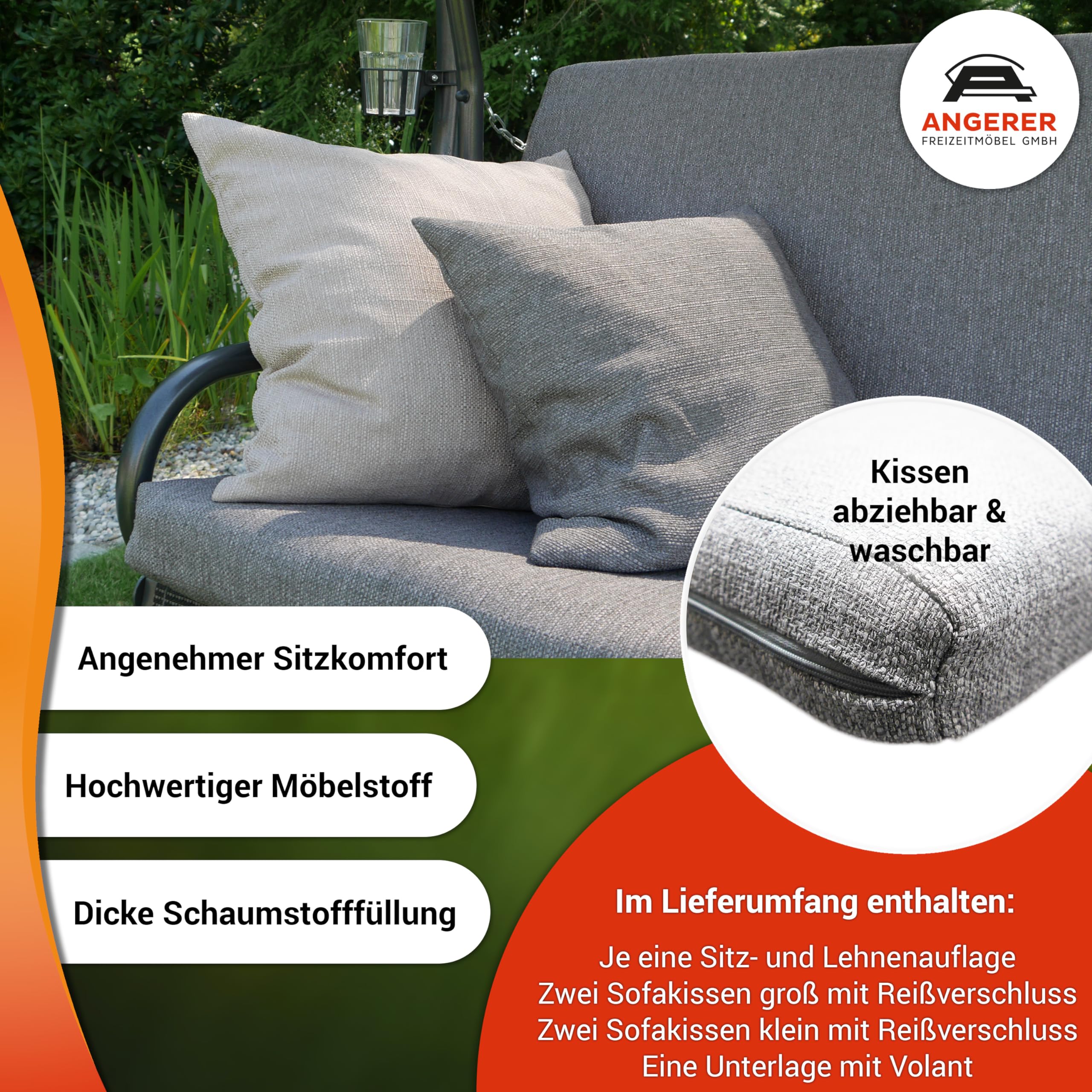 ANGERER Hollywoodschaukel Drift Smart hellgrau | Gartenschaukel Made in Germany, Schaukel zum Sitzen, Liegen und Entspannen, inklusive Bett-Funktion, einfache Montage