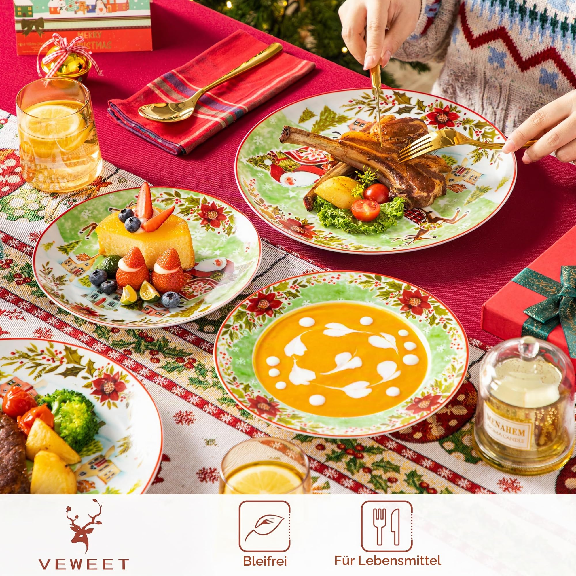VEWEET, Serie XMAS, 18-teiliges Porzellan Weihnachtsgeschirr Set für 6 Personen – Teller Set aus 6 Speiseteller, 6 Dessertteller, 6 Suppenteller, Weihnachtsgeschirr mit Weihnachtsmann und Rentiere