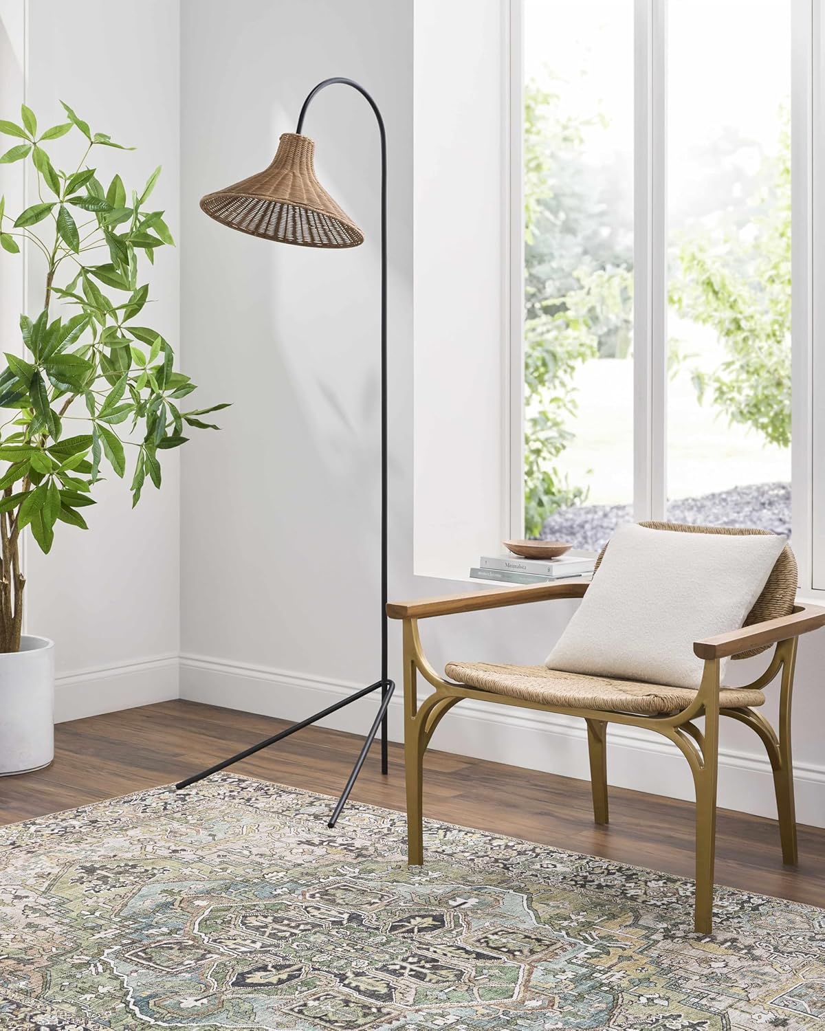 Mporokoso Boho Floor Lamp for Living Room - Shade Jute, Rattan - Iron Standing Lighting - Black, Gray, Charcoal, Beige - 66'' H