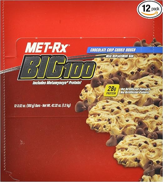 MET-Rx Big 100 Meal Replacement Bar, Chocolate Chip Cookie Dough, 3.52-Ounce Bars (Pack of 12)