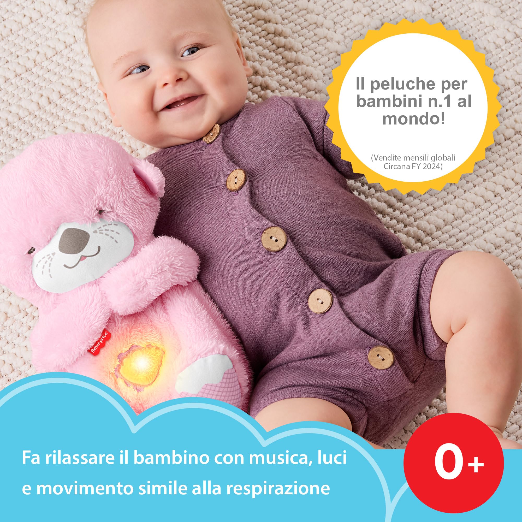 Fisher-Price - Lontra Rosa Soffice Relax, Peluche sensoriale Portatile con Movimento respiratorio e luci calmanti, Melodie per Il Sonno del Neonato, Giocattolo per Bambini, 0+ Mesi, JLJ33
