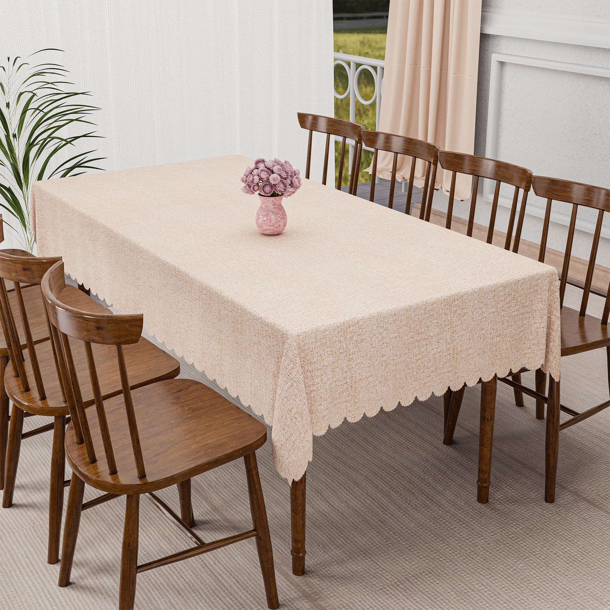 Kuber Industries 54x78 Inch PVC Dining Table Cover 6 Seater Water Resistant | Rectangular Table Protector Sheet for Living Room and Home Decor | Shining Khadi Cutwork - Beige