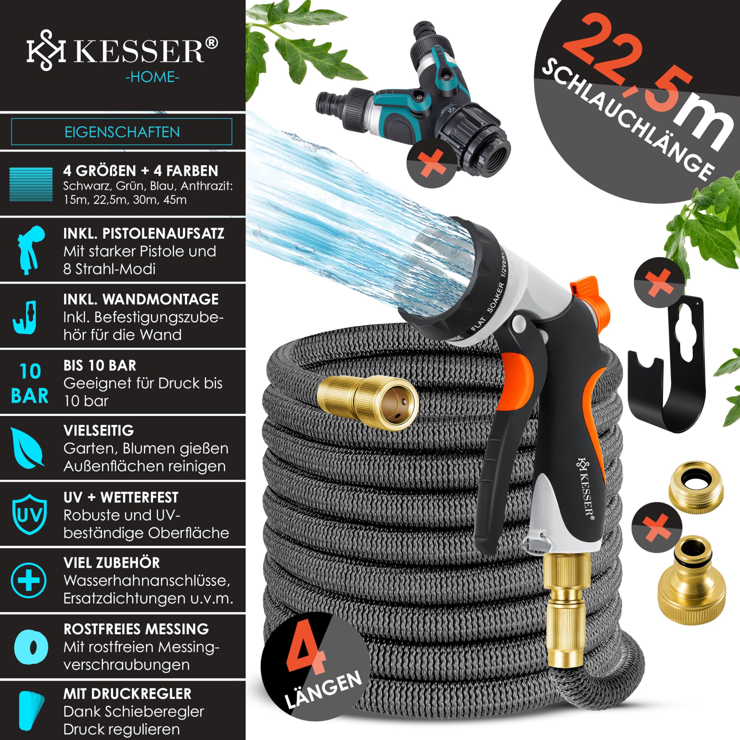 KESSER® Manguera de Jardín Flexible Premium | Expansible + Soporte de Pared | Manguera de Agua Flexible con Núcleo de Látex de Triple Capa | Conexiones de Latón de 22,5 metros Antracita