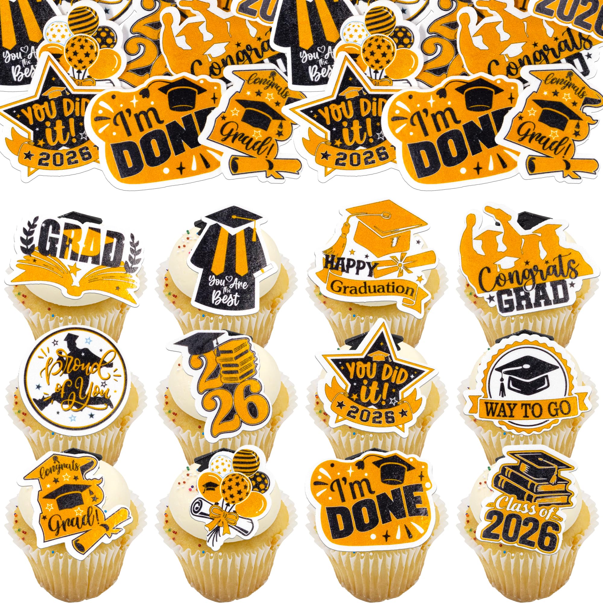 Gyufise 48Pcs Edible Graduation Cap 2026 Cupcake Toppers Wafer Paper Grad Cap Diploma Cake Decoration Picks for 2026 Grad Theme Party Cake Decor Supplies Black Orange
