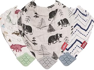 Nuby Reversible 100% Natural Cotton Muslin 3 Piece Teething Bib, Green/Grey/Blue, Dinosaur/Bear/Stripes