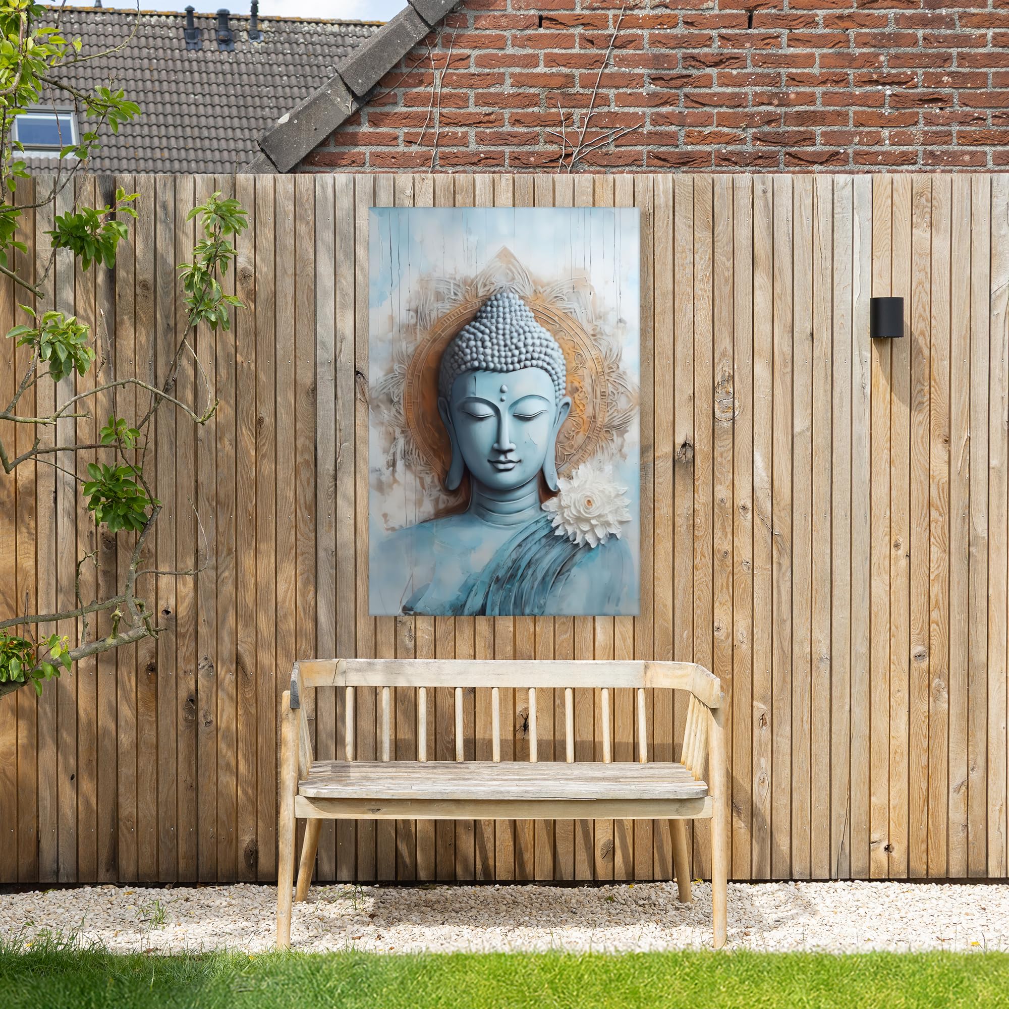 Gartenbild 80x120 cm Outdoor Deko Garten Leinwand Modern Wandbild Wetterfest Kunstdruck Terrasse Geschenke Draußen Buddha - Statue - Blau - Braun - Blume
