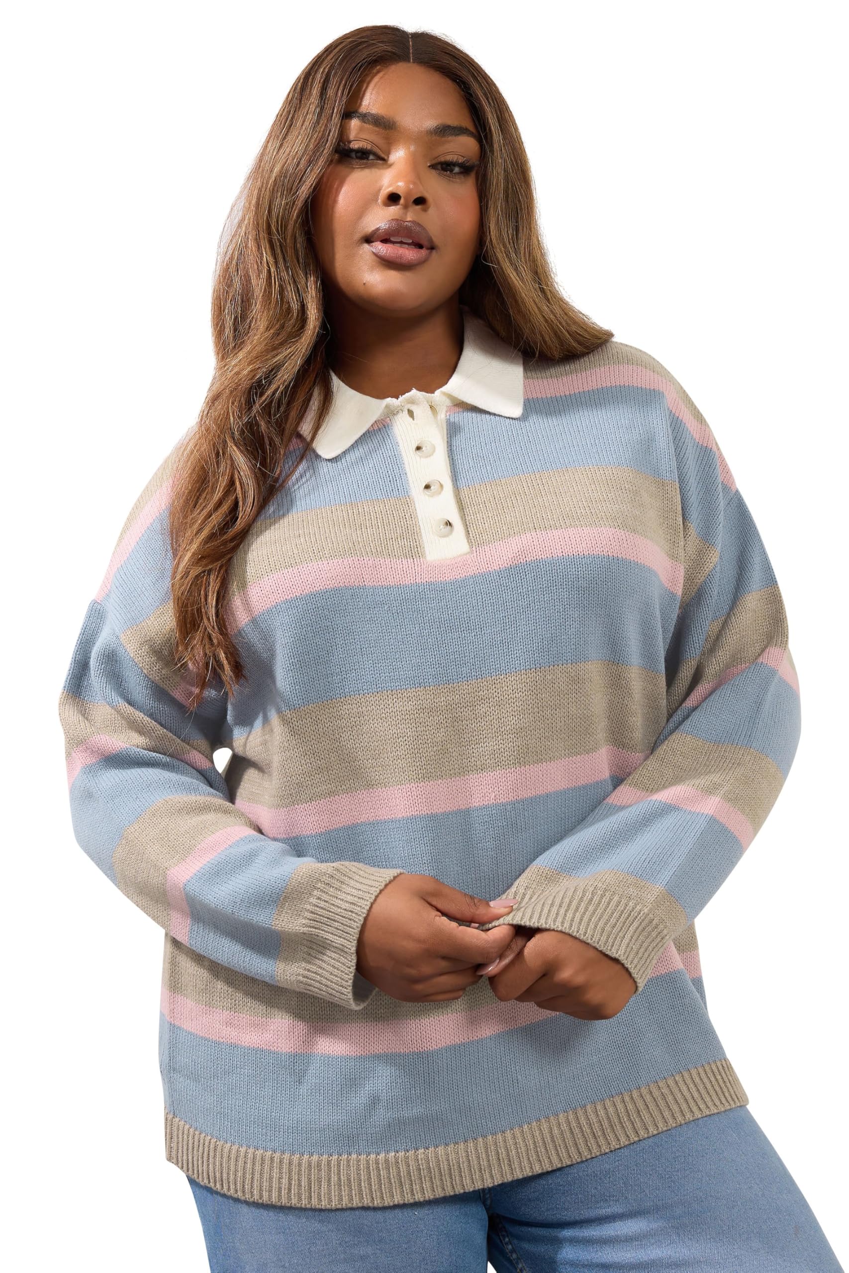 Yours Curve Stripe Rugby Collar Jumper - Women's - Plus Size Curve Blue