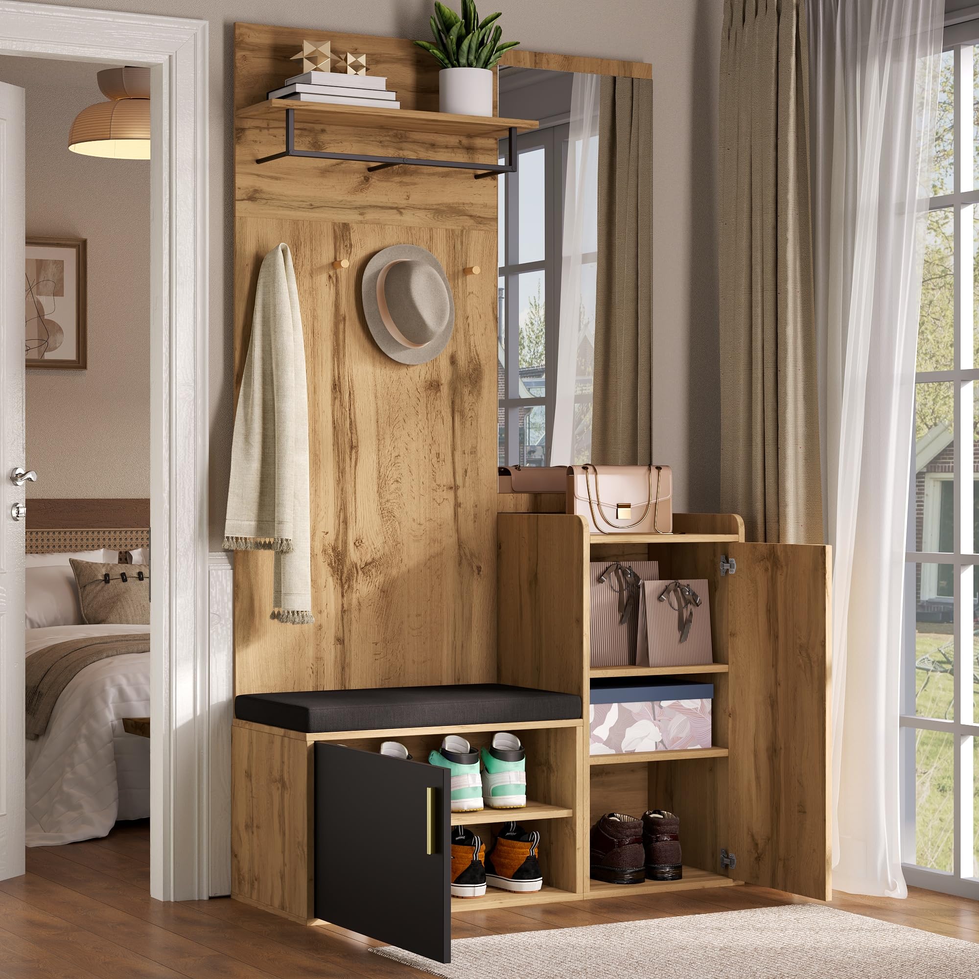 Kompaktgarderobe mit Spiegel und Sitzbank 100x38x185 cm Holzoptik Flurgarderobe Set