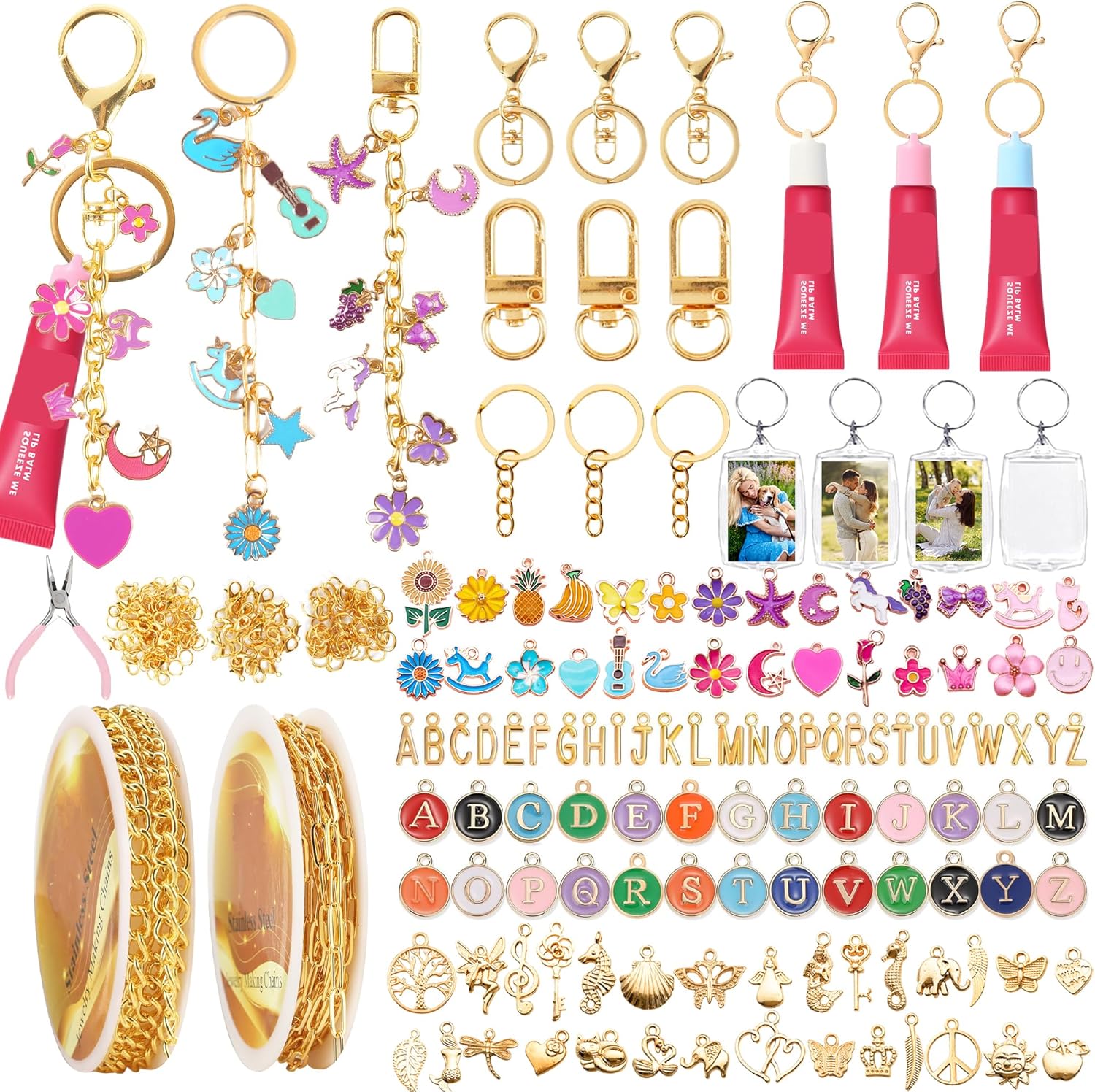 Namifin 384 Pcs Lip Gloss Keychain Making Kit with Charms & Keychain Clips - DIY Bag Charms, Photo Keychains, Personalized Gifts for Friends Small Business