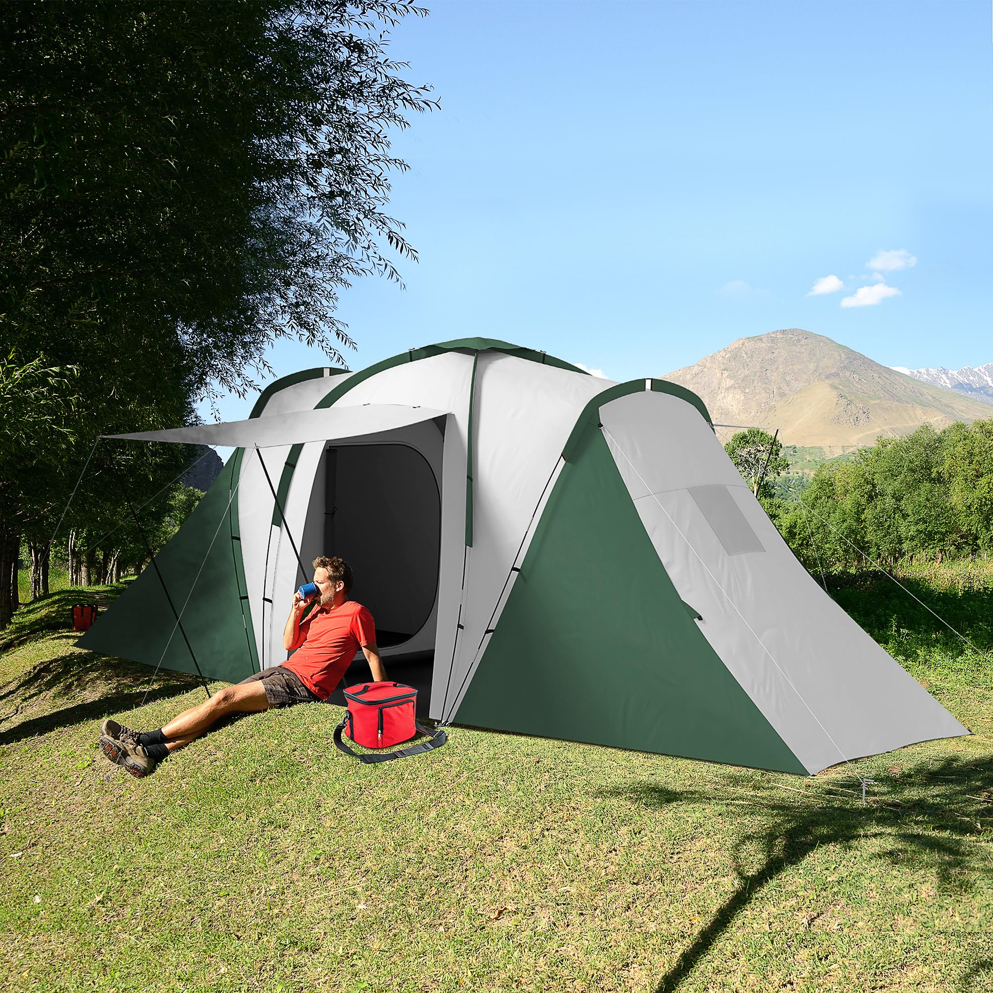 Outsunny Tente Tunnel Tente de Camping familiale 4-6 pers. légère ventilée Facile à Monter - 2 Grandes Portes 5,55 x 2,25 x 1,9 m Fibre Verre Polyester, Gris et Vert
