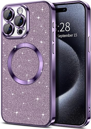 Miniatura 1 de Hython Funda para iPhone 15 Pro Max con purpurina, fundas magnéticas transparentes para teléfono con protector de lente de cámara compatible con