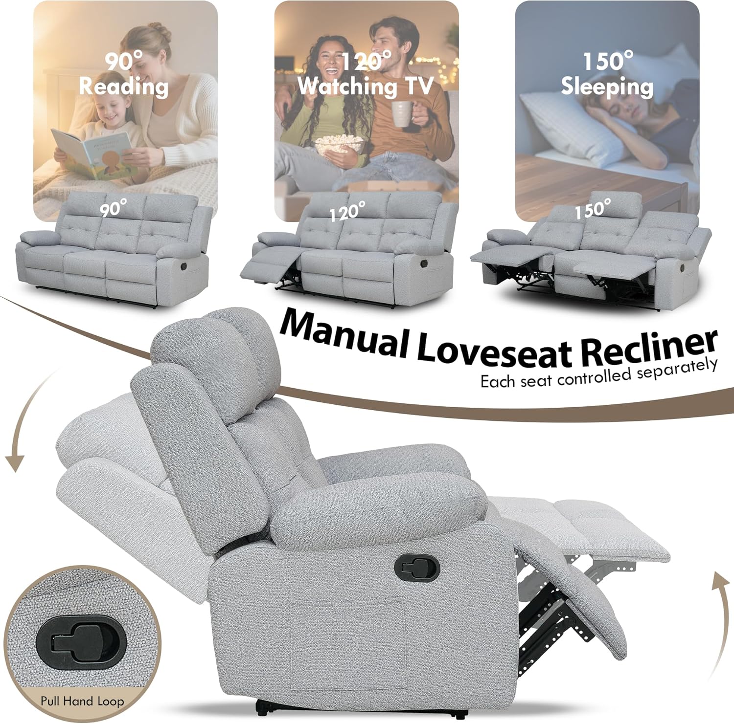 Recliner Couch Soft Fabric 3 Seater Couch Modern Manual Pull Tab 3 Seat Reclining Sofa for Small Spaces Living Room RV Meeting Room Bedroom Office Apartment Grey