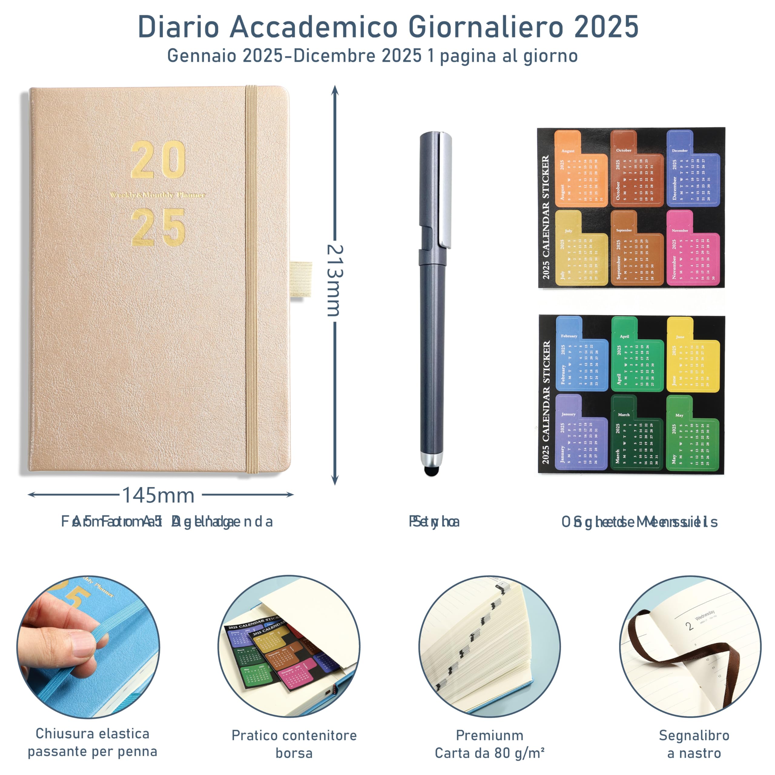 Gumiho Agenda accademica 2025 da gennaio a dicembre 2025, A5-21,3 × 14,7 cm - una pagina al giorno, agenda giornaliera con tasca interna,schede mensili, penna, fibbia per penna (Cachi)