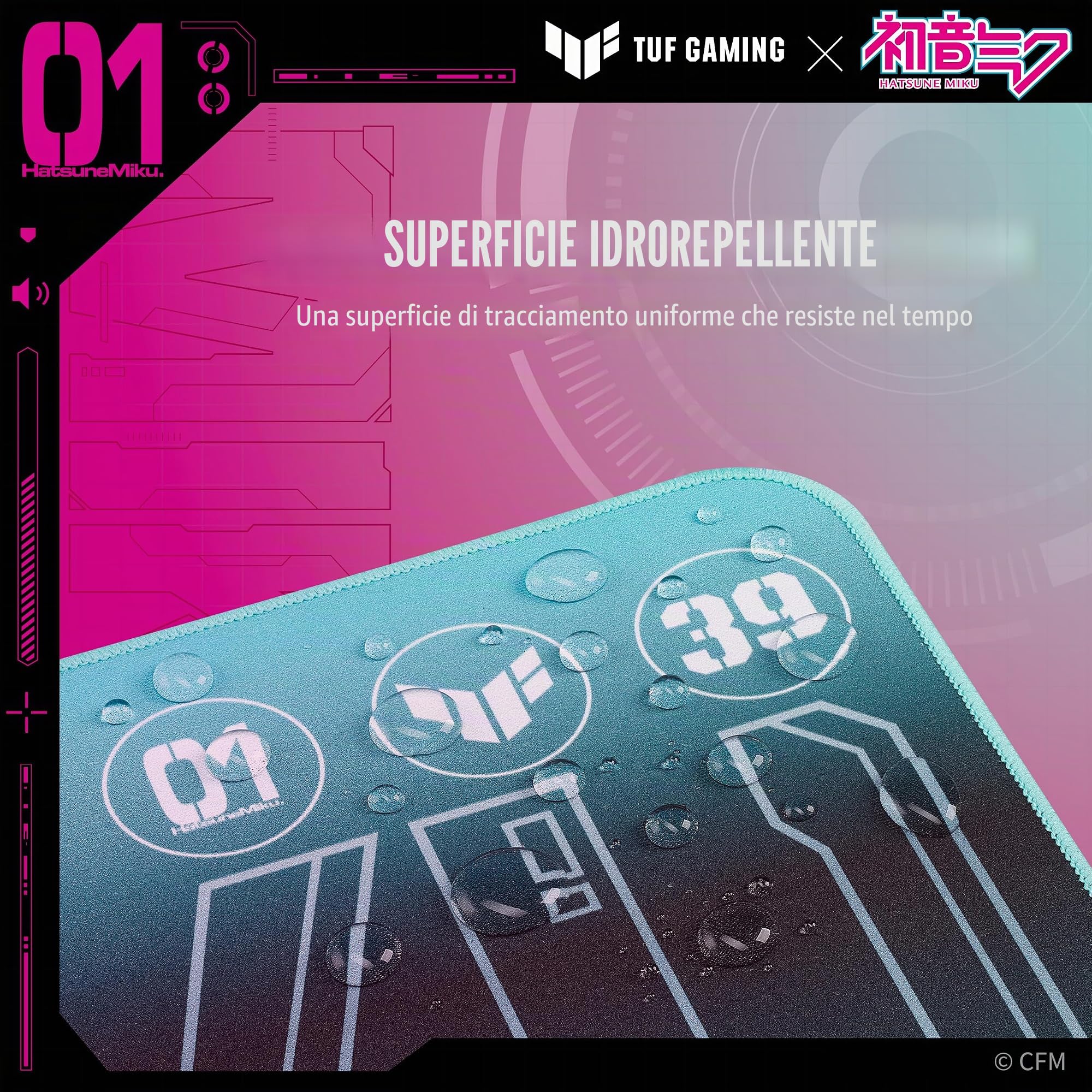 ASUS TUF Gaming P1 Hatsune Miku Edition Tappetino per mouse portatile da gaming, 25,4 x 20,3 cm (medio), rivestimento protettivo, impermeabile, cuciture resistenti agli UV, base in gomma antiscivolo
