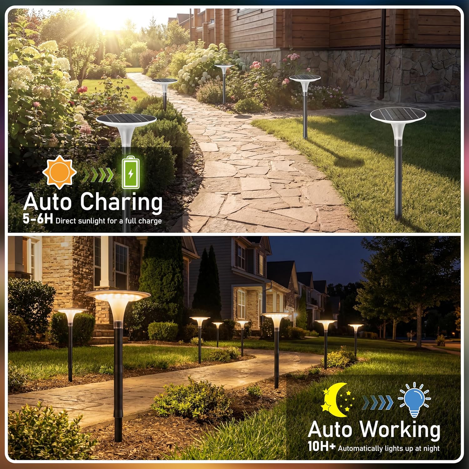 JOFIOS Solar Pathway Lights 2 Pack, 3 Color Modes, 200LM 58 LEDs Bright Landscape Lighting, 2000mAh Battery 10H+ Runtime, IP65 Waterproof Modern Walkway Lights for Garden Yard Driveway
