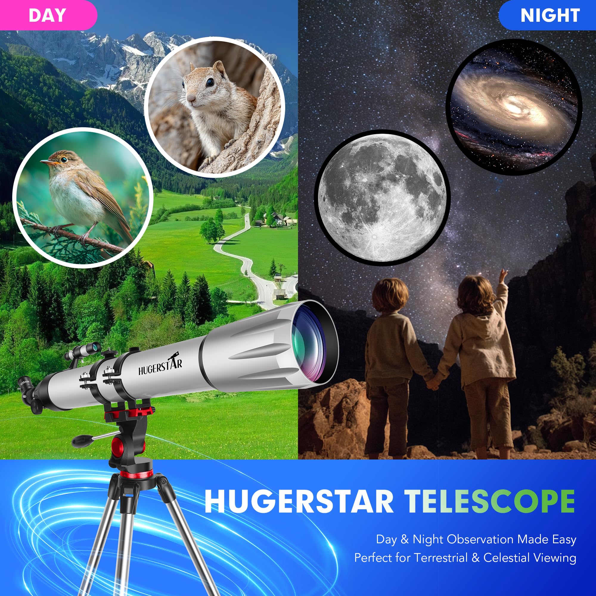 Télescope Astronomique Adulte Professionnel, 90mm Ouverture 900mm Réfracteur Portable Télescope pour Enfants et Débutants avec Trépied, Adaptateur Téléphone, Filtre Lunaire Observer la Lune