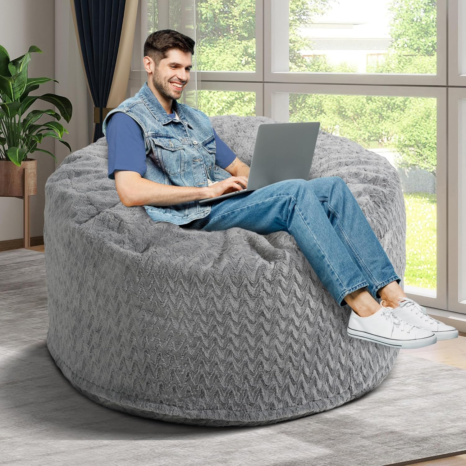 Homguava Bean Bag Chair: 3‘ Bean Bags with Memory Foam Filled, Large Beanbag Chairs Soft Sofa with Dutch Chevron Plush Cover 3FT(36"×36"×24"),Grey