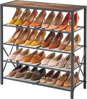 Tajsoon 5-stöckiges Schuhregal für 16–20 Paar Schuhe, Industrielles Schuhregal für den Eingangsbereich mit X-förmigem Rahmen, Braun & Schwarz