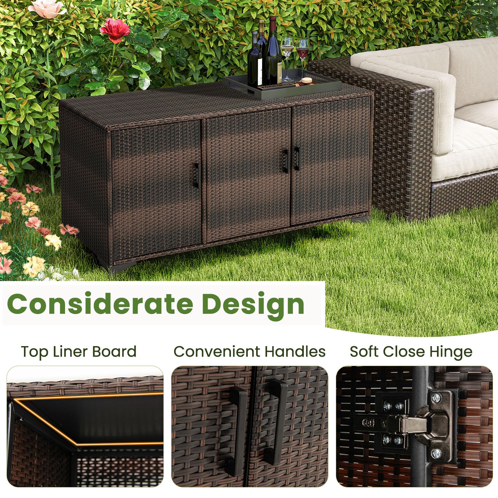 LIFEZEAL 318 L Coffre de Rangement Extérieur en Rotin PE avec 6 Compartiments, Etagères Amovibles, 3 Portes, Grande Boîte Etanche pour Balcon, Intérieur, 135x50x70,5 cm (Marron)