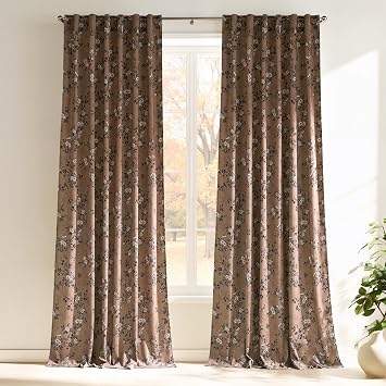 RYB HOME Vintage Country Taupe Floral Velvet Curtains, Printed Flower Design Home Decoration Soft Vertical Drapes for Bedroom Living Room Dining Room, W50 x L90 inches, 2 Panels