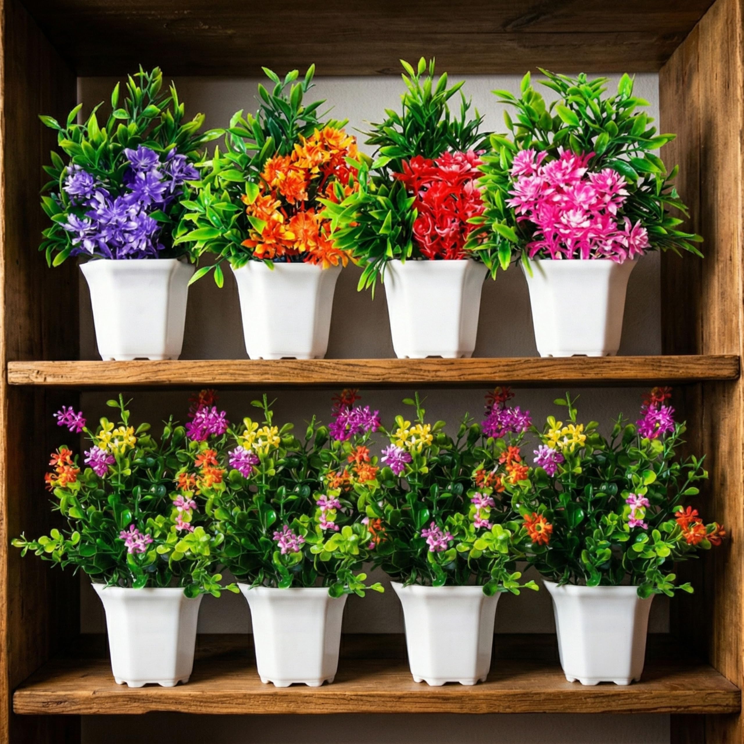 Dekorly Plastic Wild Artificial Flower Plants With Cute Hexa Pot|Faux Flower Plant For Home Office Decor|Tabletop And Desk Decoration|Artificial Flower For Balcony Indoor Decor|Pack Of 8 (Multi-C) 2