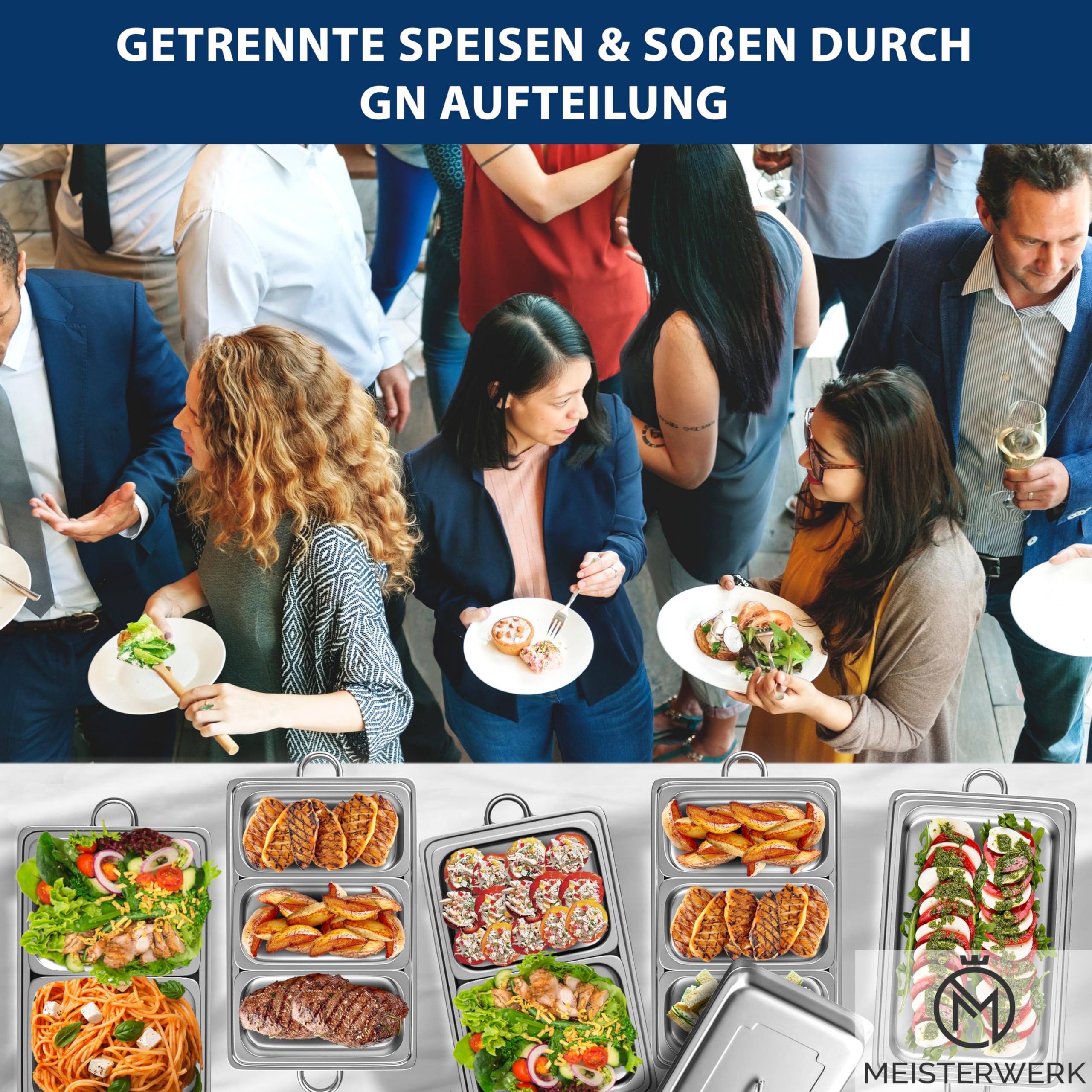 MEISTERWERK Warmhaltebehälter Essen (1er Set) - Erstklassiger 410 Edelstahl Chafing Dish - Warmhaltebehälter für Speisen inkl. Anleitung - Speisenwärmer ideal für Events & Partys