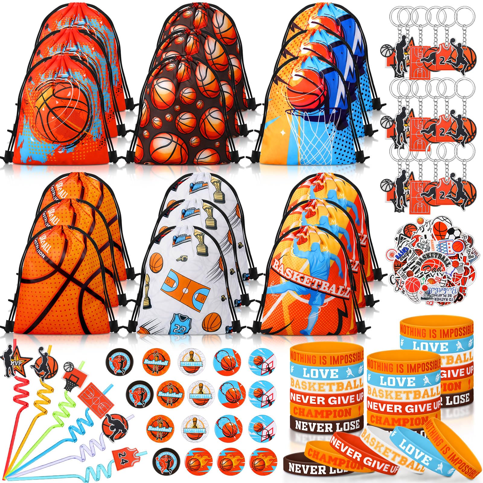Sadnyy 140 Pcs Basketball Party Favors Birthday Party Decorations Supplies Basketball Drawstring Bags with Silicone Bracelets Keychains Straws Button