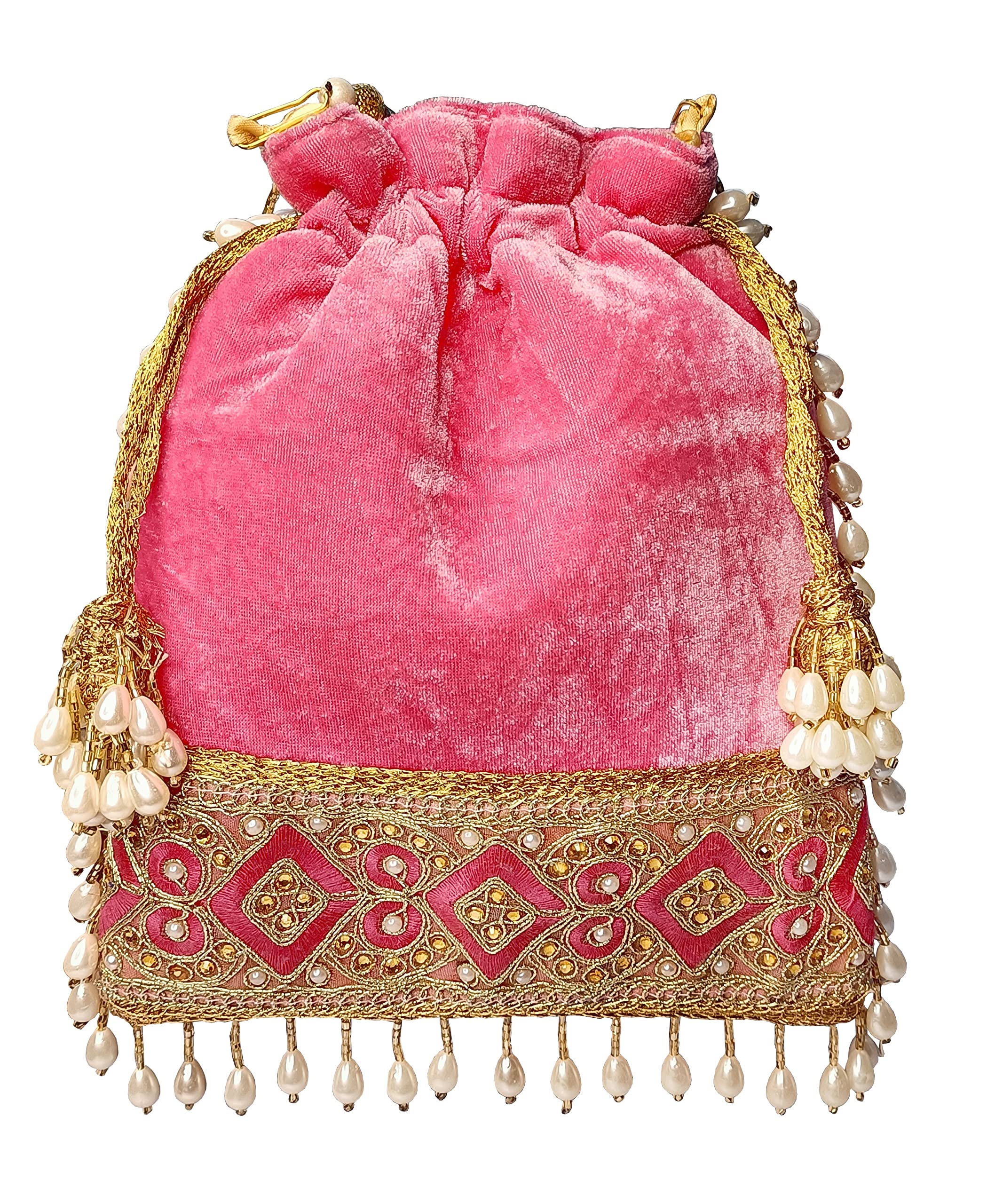 Pink Velvet Pearl Tassel Fringes Potli Bag For Weddings-image-1