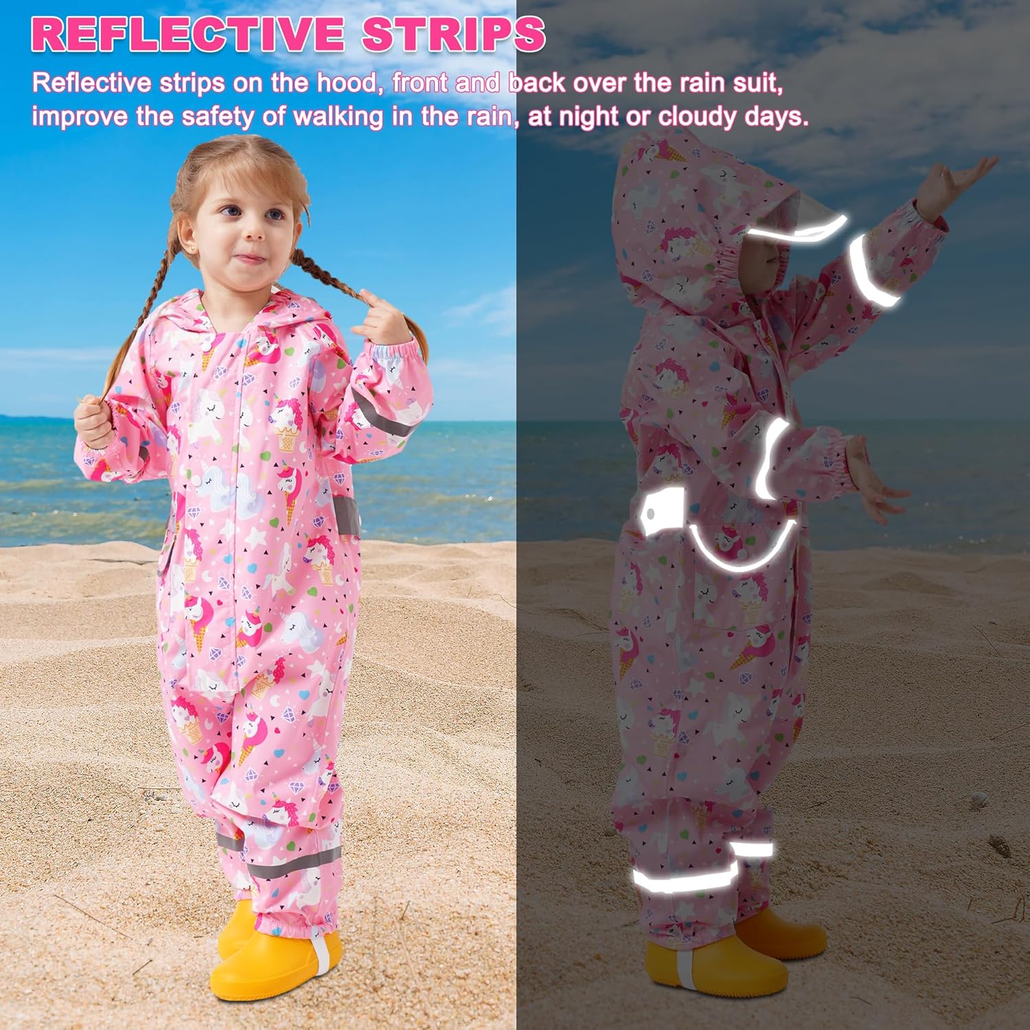 Fewlby Kids Rain Suit, Toddler Raincoats One Piece Hoodie Cartoon Rain Gear Waterproof Rainwear Coveralls for Boys and Girls