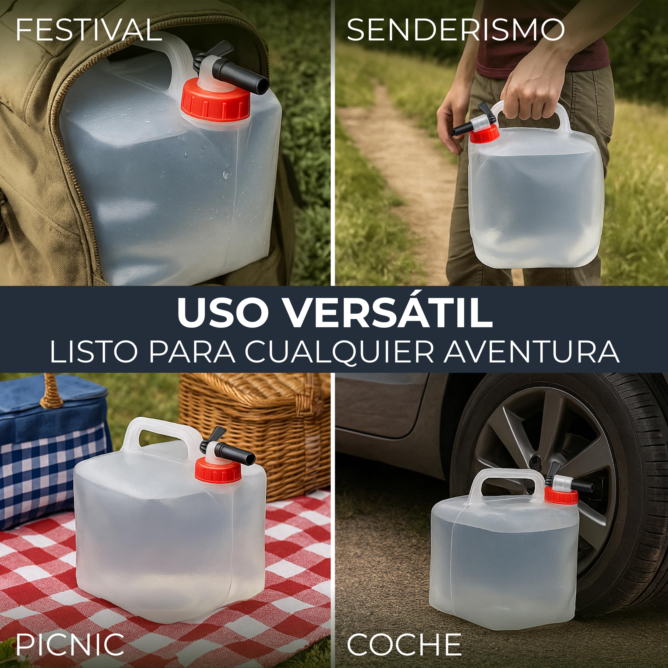 4 bidones de agua de 10 l, plegables, con práctico grifo de vertido y asa, con tapa de rosca, 100% hermético, bidón de agua para camping, exteriores, etc. Bidón de agua plegable