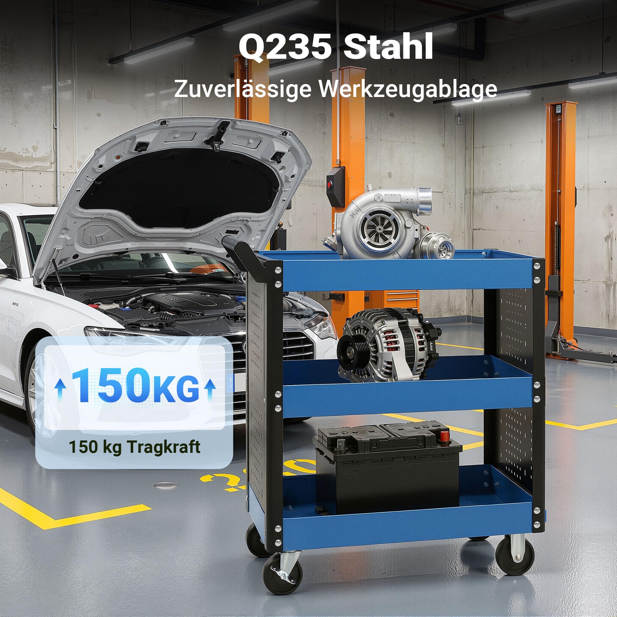 Wiltec Werkstattwagen mit 3 Etagen, 150 kg, 83x38x90 cm, Handgriff, Kunststoffreifen, Bremsen, Ablageflächen mit erhöhtem Rand, Werkzeugwagen, Rollwagen