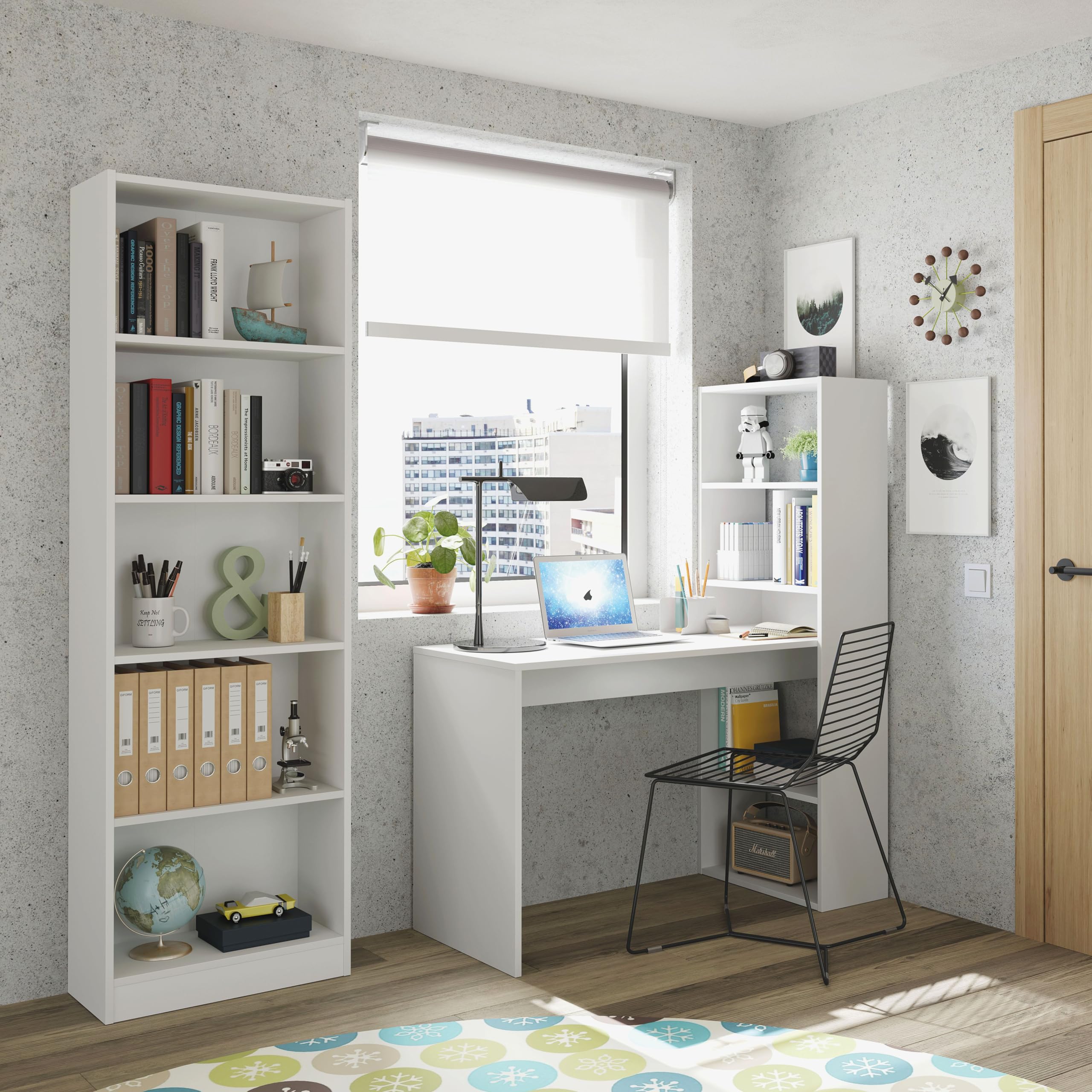 duehome | Pack de Escritorio y estantería, Mesa de Estudio con Estantería Juvenil, Conjunto de Escritorio, Modelo Cosmic Plus, Acabado en Blanco Artik