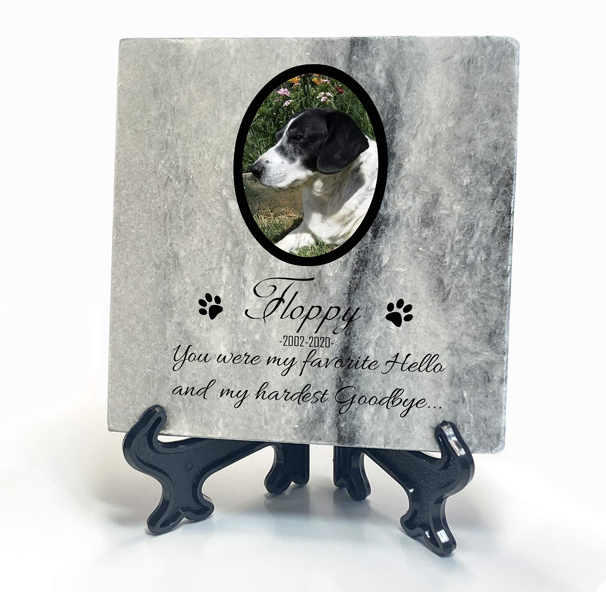 TULLUN Personalized Memorial Grey Marble Stone Plaque + Stand for Pet Cat Dog Frame Paw Grave Marker - Photo and Name - Size | 4