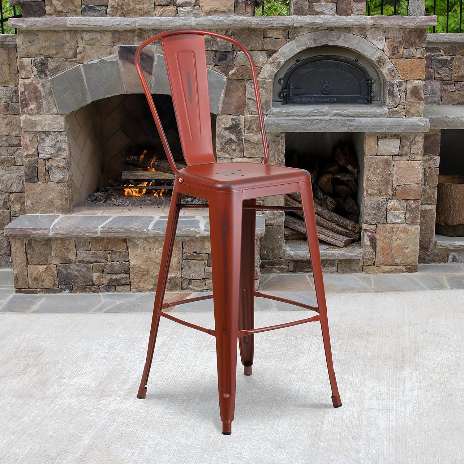 EMMA + OLIVER Commercial Grade 30" H Distressed Red Metal Indoor-Outdoor Barstool w/Back