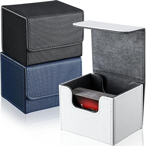 Weewooday 3 cajas de cuero para cartas de cartas para más de 100 cartas compatibles con MTG (blanco, azul, negro, horizontal)