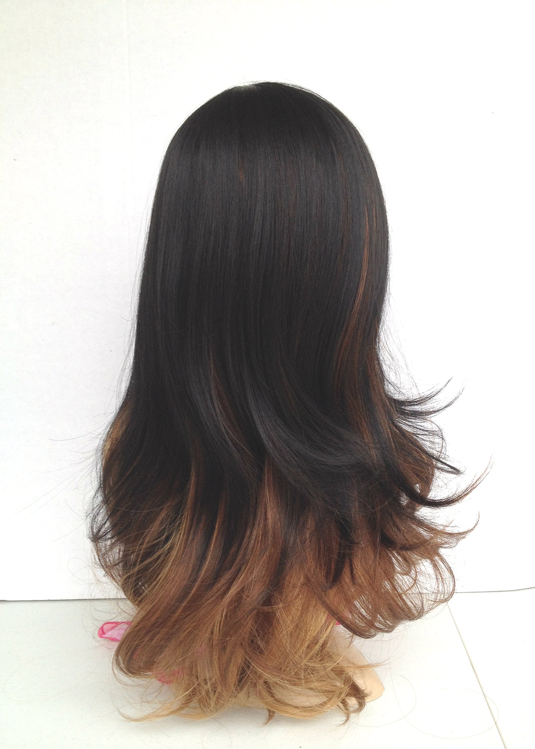 20” Dark Brown/Honey Blonde Ombré Wig w Long Bangs ENTRANCED STYLES Long Wavy Ombre Wig for Women - Dark Roots  main image 2