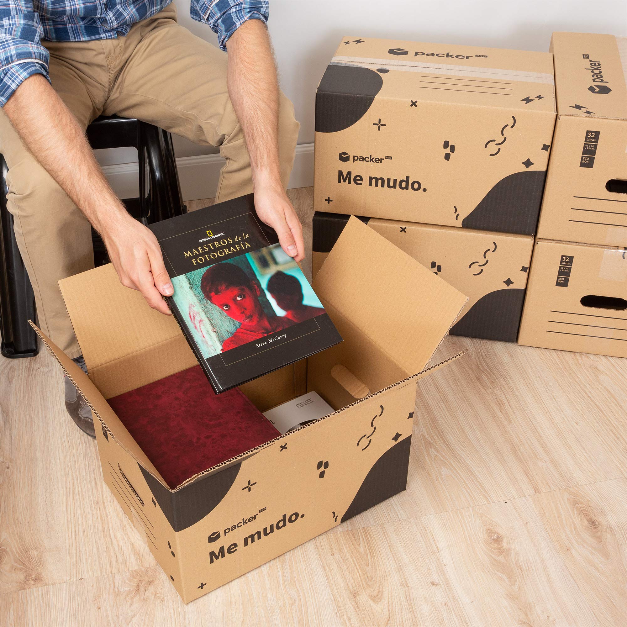 packer PRO Pack 20 Cajas Carton para Mudanzas y Almacenaje con Asas y Precinto Adhesivo 430x300x250mm