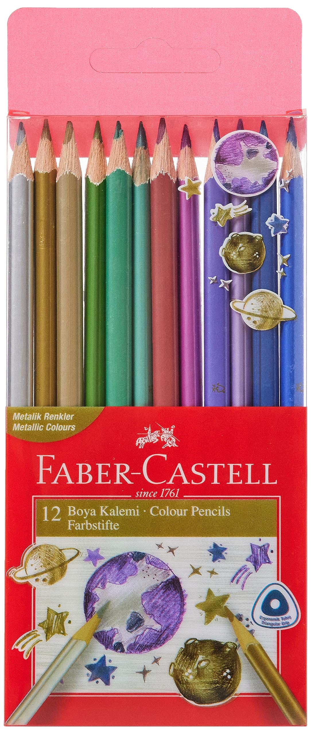 Faber-Castell Trójkątne suche kredki do malowania metalicznego, 12 szt