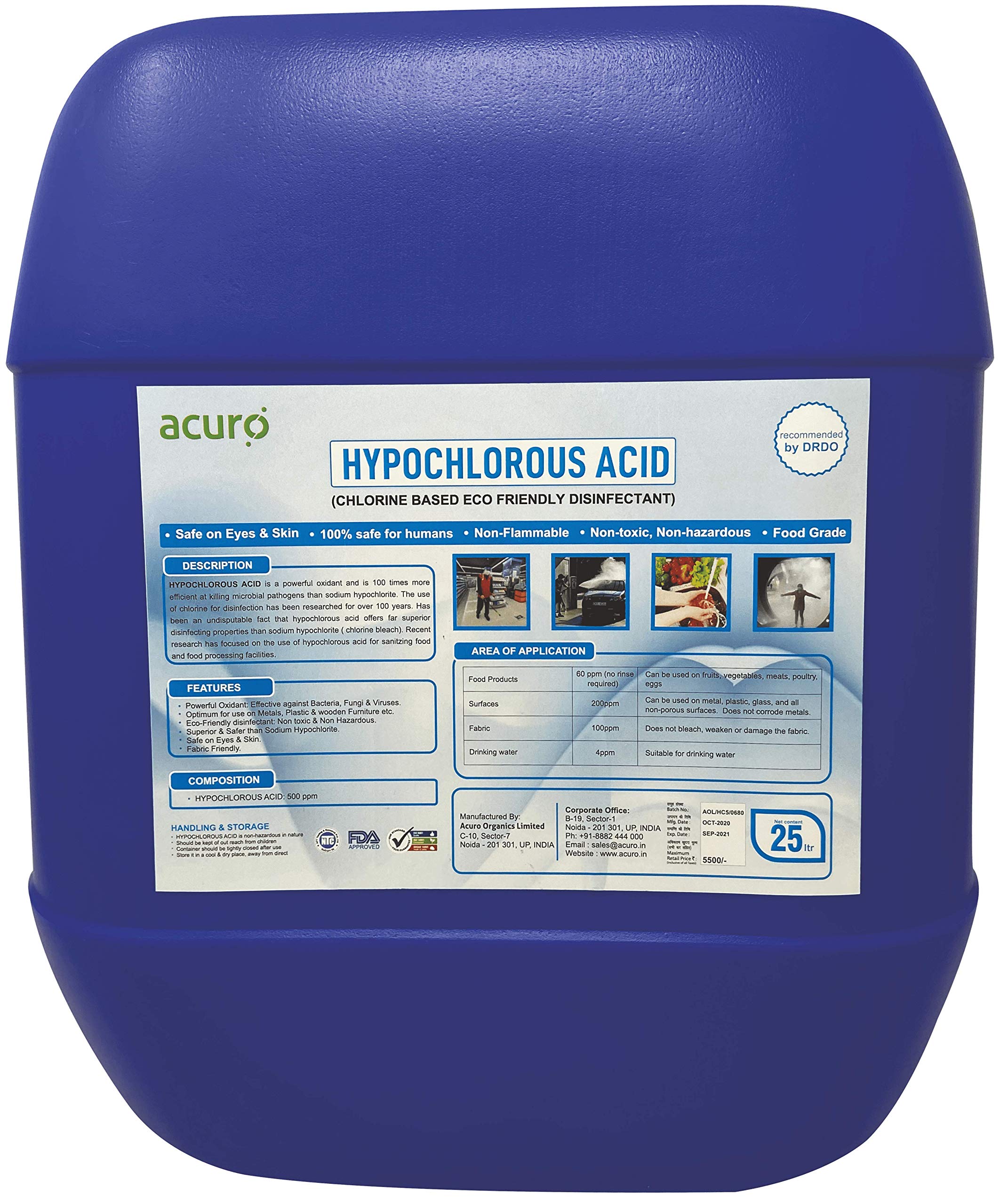 Buy HYPOCHLOROUS 500ppm DRDO & EPA approved Eco friendly