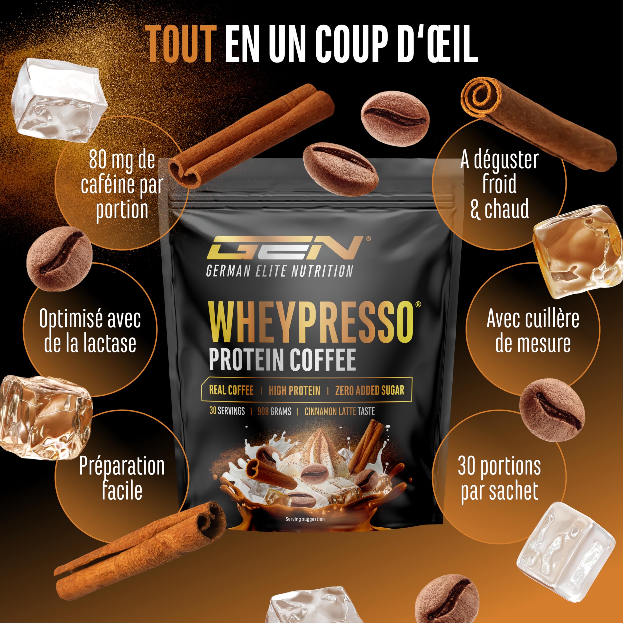 Wheypresso Protein Coffee - Poudre de protéine avec concentré de whey & isolat - Avec du vrai café & de la caféine - Boisson crémeuse à haute protéine - (908 g, Café Latte à la Cannelle)