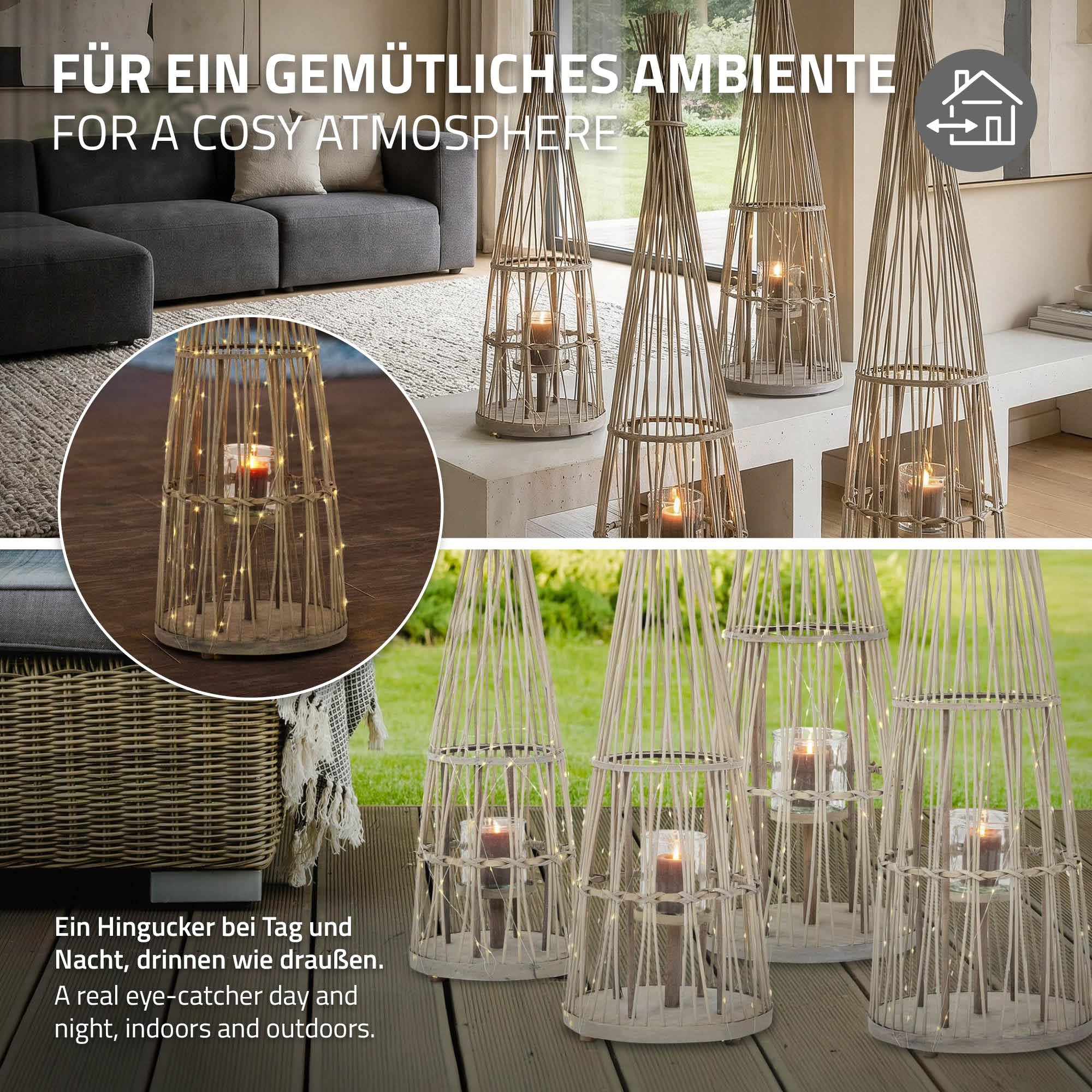 ECD Germany Bambus Laterne, Windlicht 150 cm, Holzfarbe, Gartenlaterne mit LED Lichterkette & Glaseinsatz, Boho Bambuslaterne Kerzenhalter Flechtoptik Innen/Außen, Deko Laterne für Terrasse Wohnzimmer