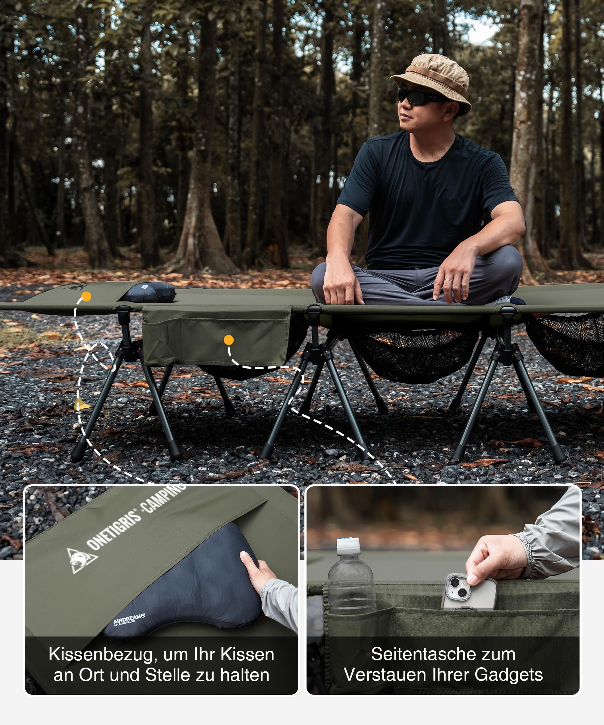 OneTigris SUPRATIROS Lit de camp pliable XXL portable et léger jusqu'à 180 kg pour tente, extérieur, voyage, jardin, bureau (220 x 80 cm)