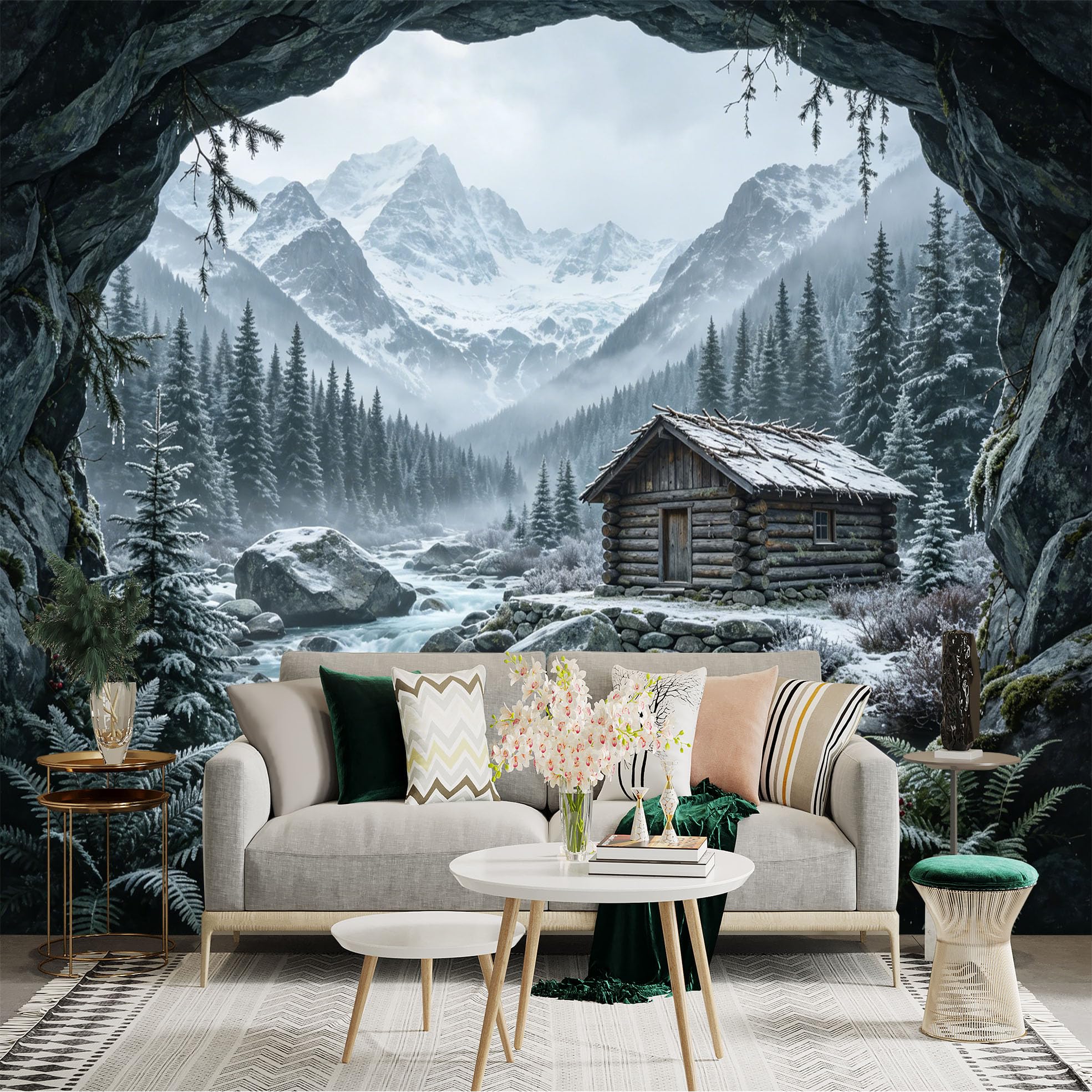Custom Size Wall Sticker Mural， Winter Mountain Landscape with Cabin， River and Pine Forest， for wall Decoration， peelandstick wall Decals.