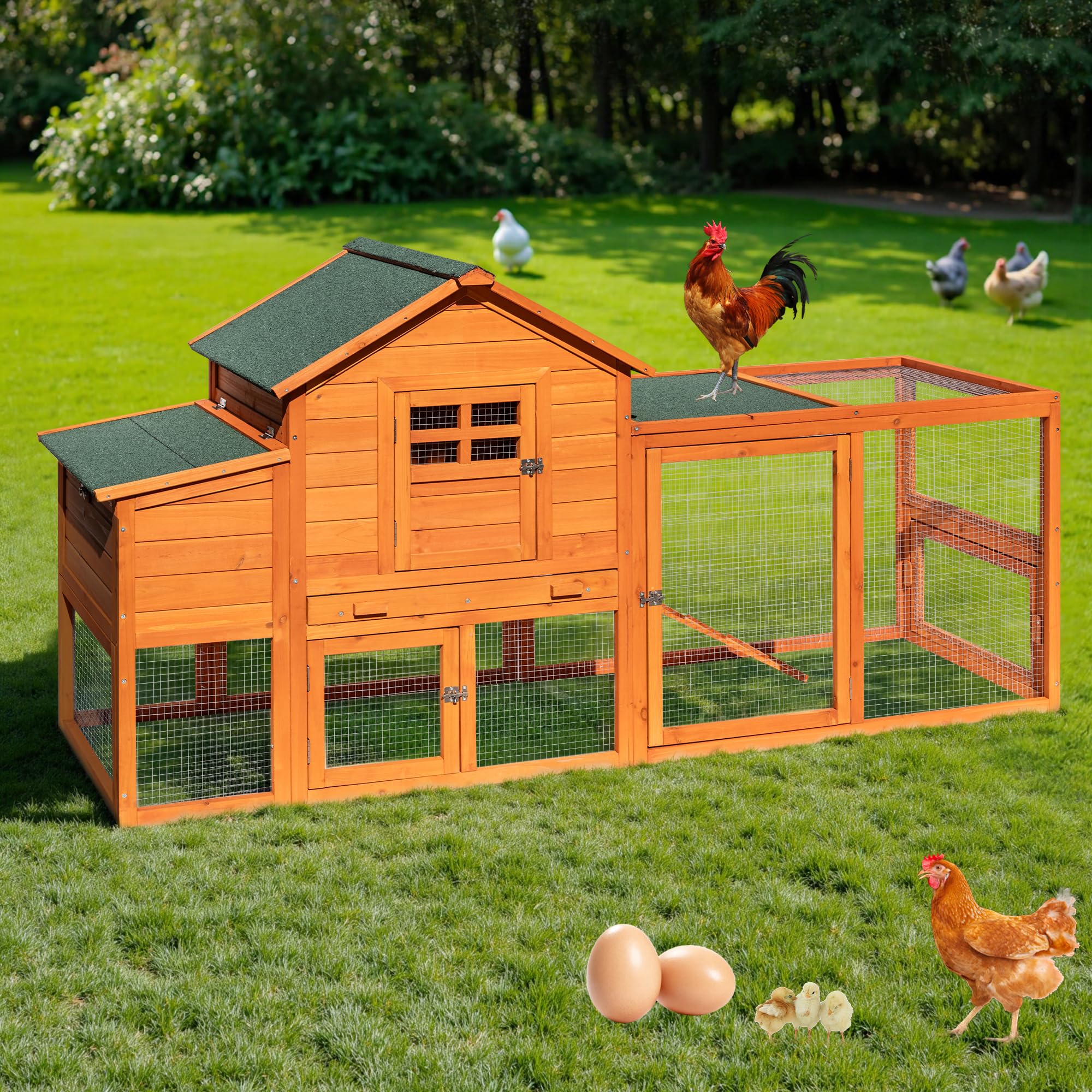 WHEGETED Large Chicken Coop Outdoor Durable Duck House Poultry Pet Hutch & 2 Wood Eggs Run Cage Nesting Box Waterproof Asphalt Roof Ramp Removable