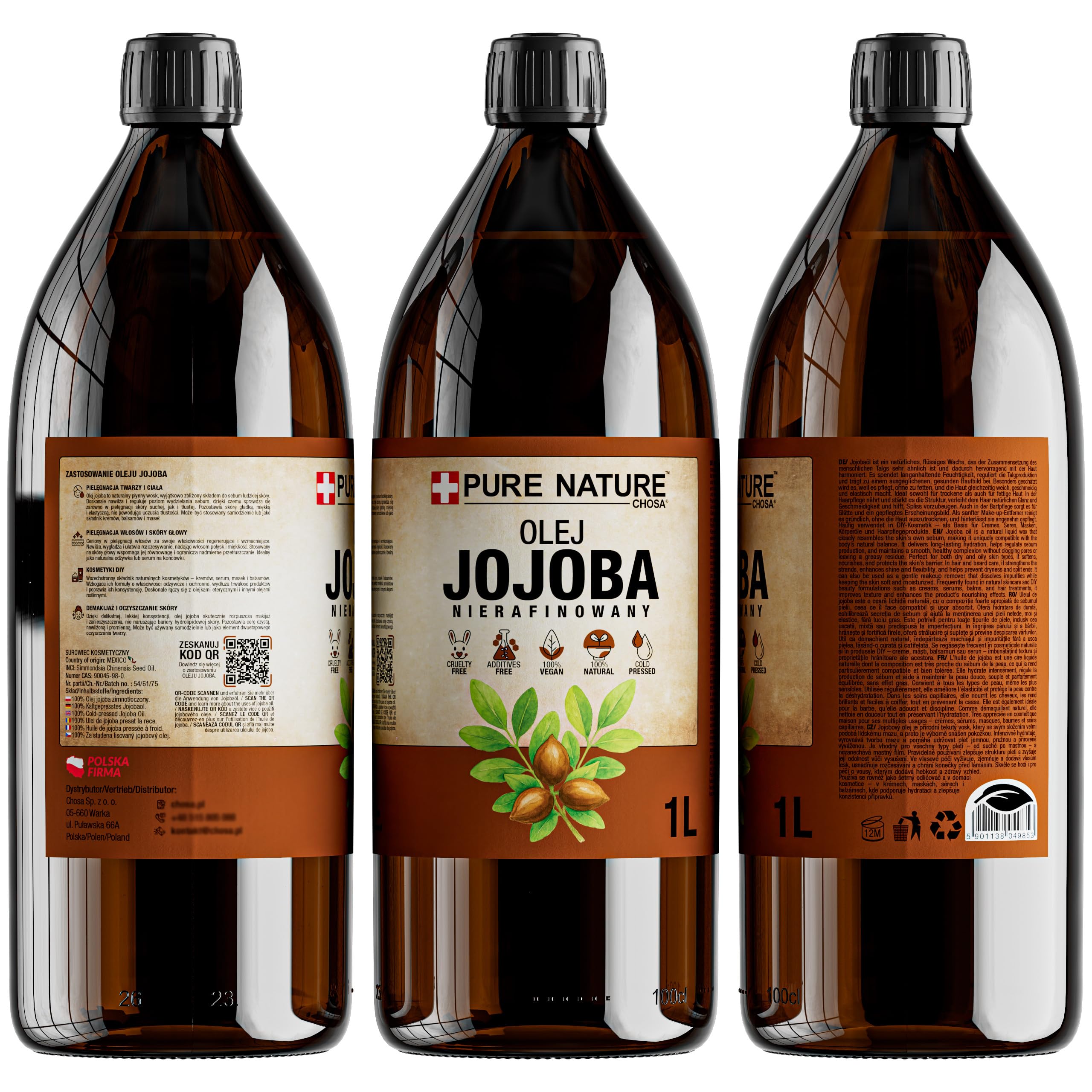 PURE CHEMICAL - Organiczny olej jojoba 1L - tłoczony na zimno - czysty - do twarzy, skóry, włosów, brody i paznokci - wegański olej jojoba - do twarzy i ciała - przeciwzmarszczkowy - naturalny (1L)