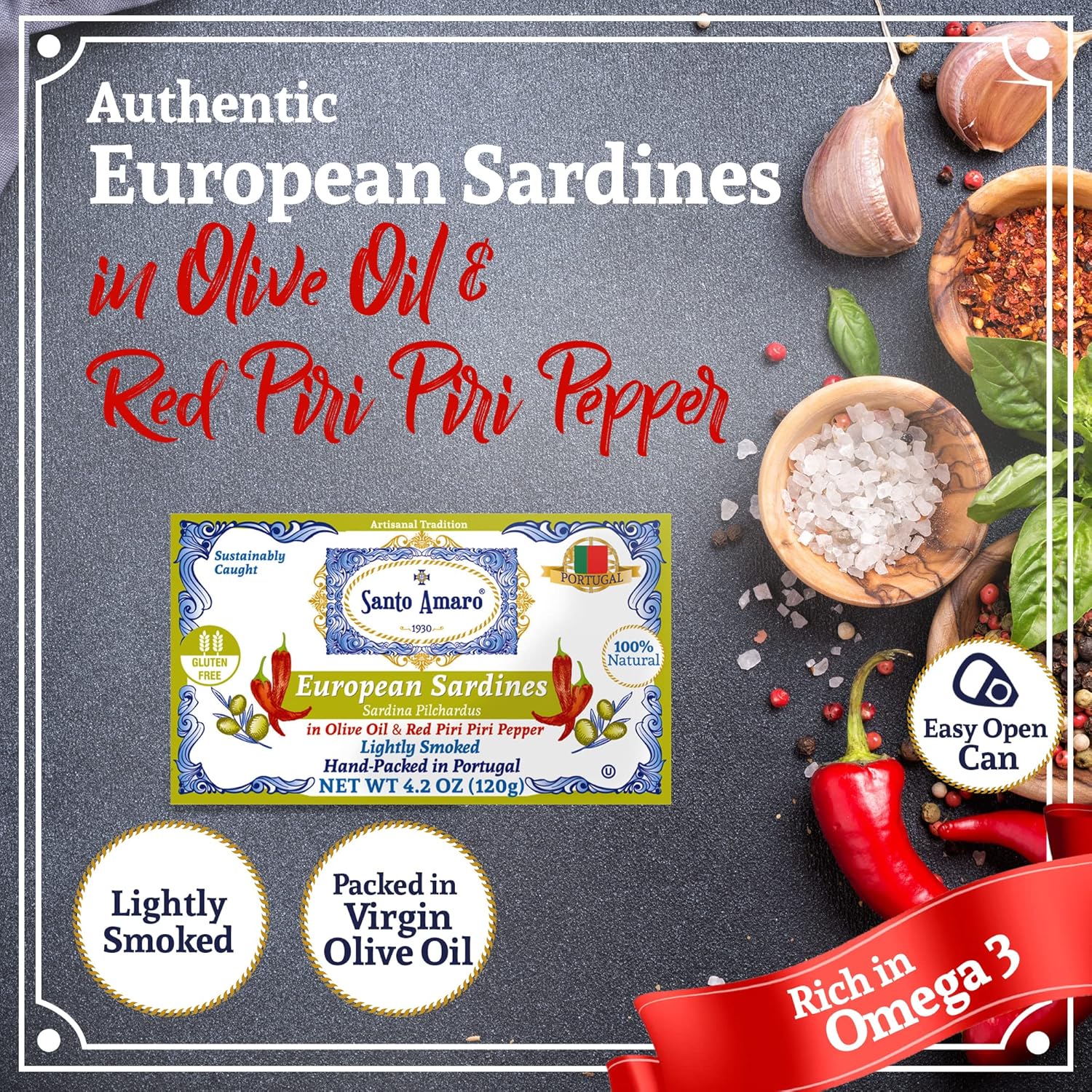 Santo Amaro - Authentic European Sardines in Olive Oil & Red Piri Piri, Pepper, Hand-Packed Canned Sardines in Spicy Olive Oil, Wild Caught Portuguese Sardines, Lightly Smoked, 21g Protein, Low Mercury, Pack of 12