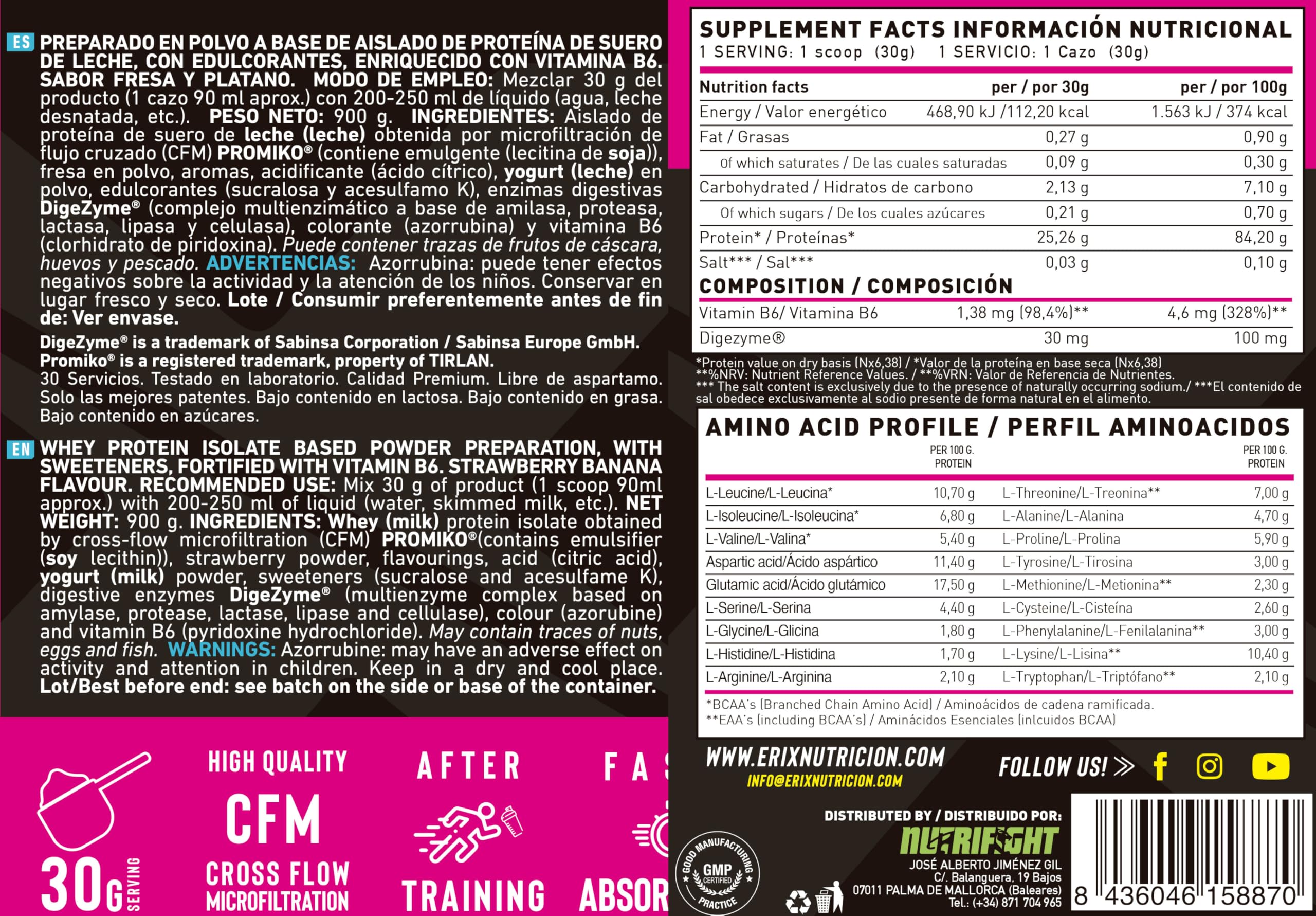 ERIX Nutrición Pack ISO Zero Promiko 900g + Creatina Creapure 300g + Shaker Negro, Proteína Aislada de Suero Alta Pureza con Enzimas DigeZyme, Recuperación, Volumen Muscular (Fresa con Plátano)