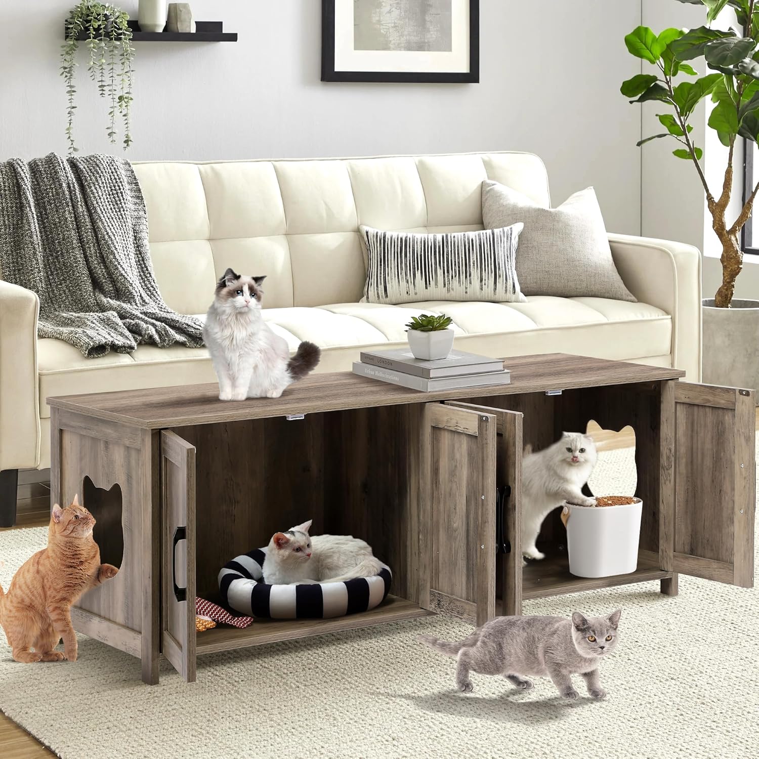 Cat Litter Box Enclosure - Dual Washroom Wooden Furniture with 2 Head Shaped Holes, Large Cat House for Living Room & Bedroom