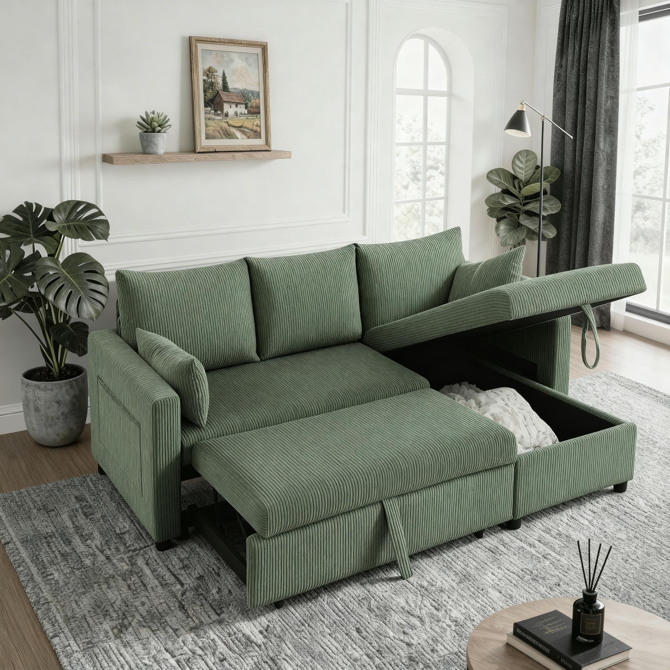 Trygoal Sectional Sleeper Sofa with Pull Out Bed, LShape Convertible Sofa Bed Couch with Storage Chaise, 3 in 1 Pull Out Sofa Bed with 3 Seats, for